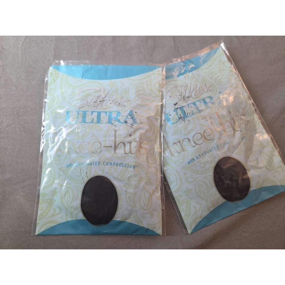 Vintage 2 X Silkies Ultra Knee Hi's Graduated Compression Size Regular Off Black - Picture 2 of 5